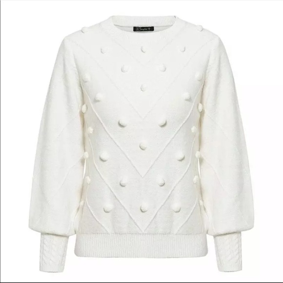 New! Off White Pompom Lantern Sleeve Knit Sweater - Picture 5 of 8